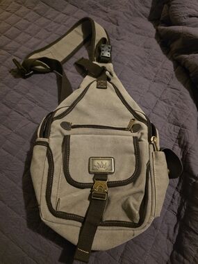 Canvas Sling Crossbody Bag - Taupe with Brown Trim